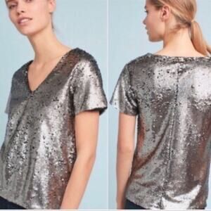 Anthropologie Vanessa Virginia Womens XS Silver Sequin V Neck Top Party Holiday